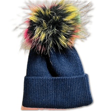 Load image into Gallery viewer, Kids Cashmere Knitted Beanie w/Pom | Navy/Rainbow Pom - Lavish &amp; Glamourous Designs

