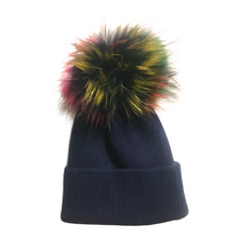 Load image into Gallery viewer, Kids Cashmere Knitted Beanie w/Pom | Navy/Rainbow Pom
