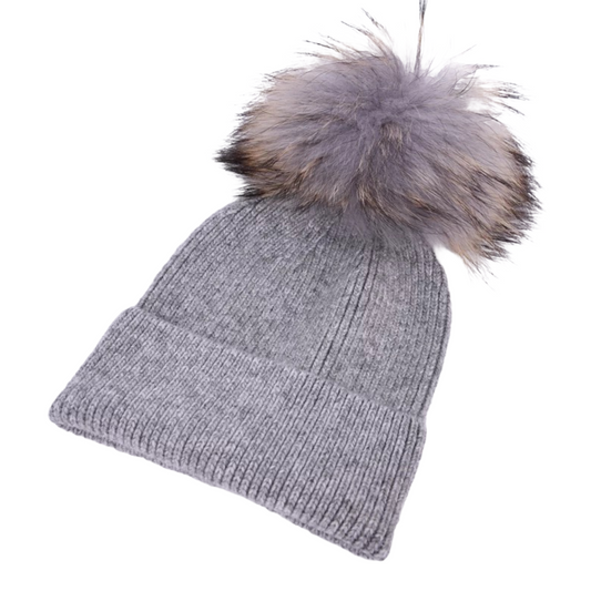 Cashmere Knitted Beanie w/Pom | Light Grey 1-6Y