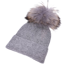 Load image into Gallery viewer, Kids Cashmere Knitted Beanie w/Pom | Light Grey
