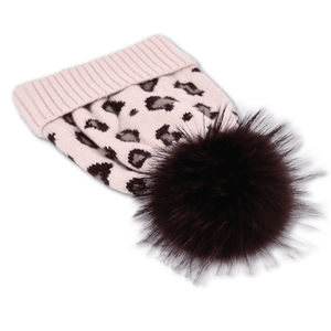 Leopard Pom Pom Beanie Hats | Ivory - Lavish & Glamourous Designs