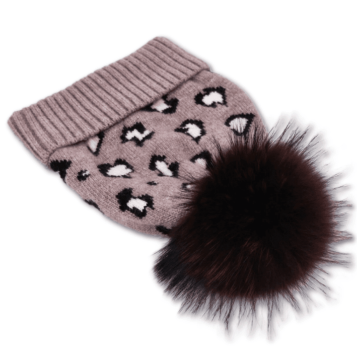 Leopard Pom Pom Beanie Hats | Camel & Dark Pom - Lavish & Glamourous Designs