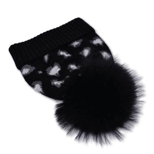 Leopard Pom Pom Beanie Hats | Black with Grey Pom Pom