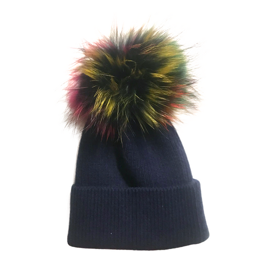 Cashmere Knitted Beanie w/Rainbow Pom | Navy 1-6Y