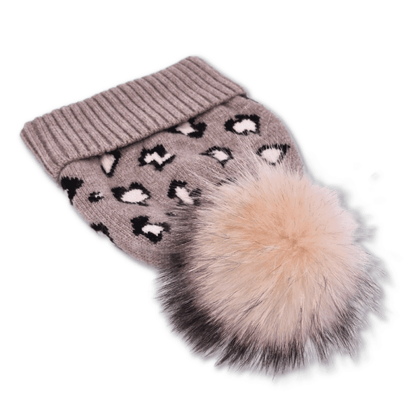 Leopard Pom Pom Beanie Hats | Camel & Blush Pom - Lavish & Glamourous Designs